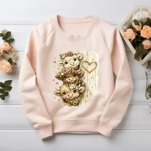 Blush sweatshirt featuring valentine highland cow design