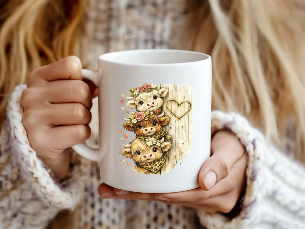 Valentine highland cow design printed on white coffee mug