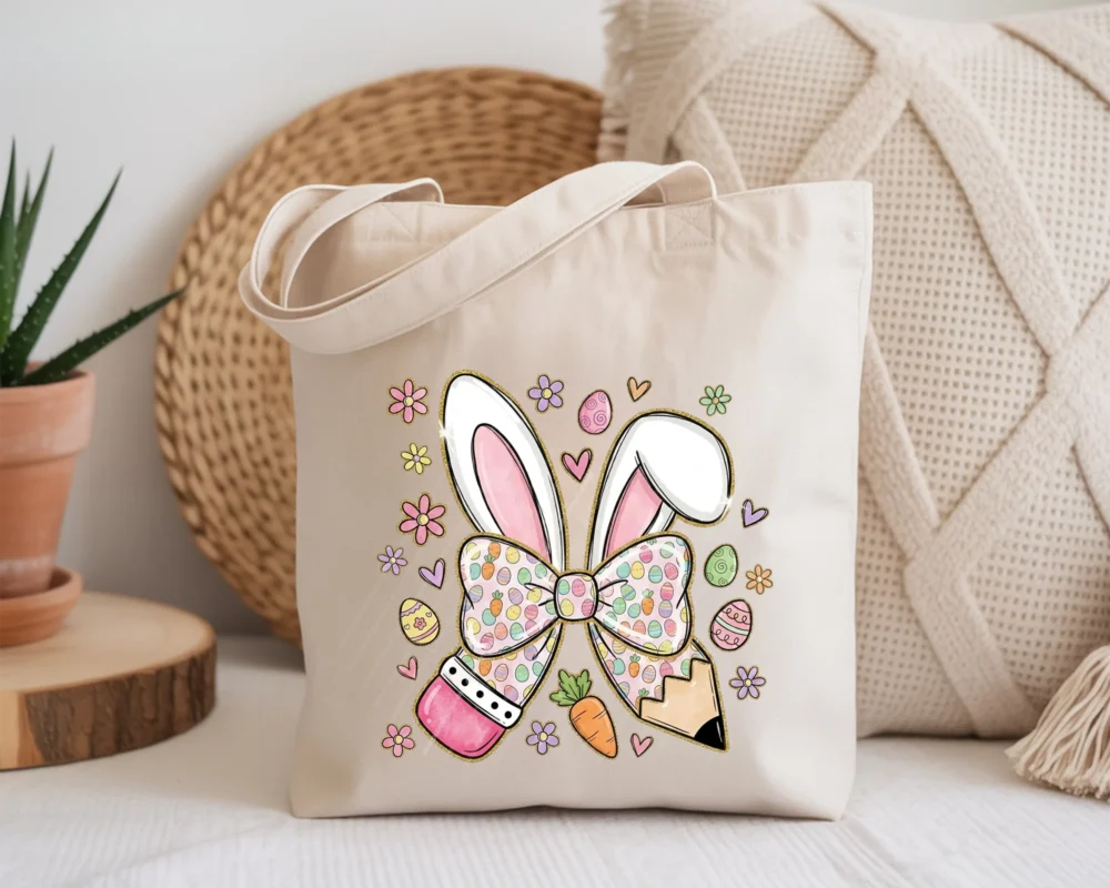 Canvas tote bag featuring a whimsical watercolor Easter design