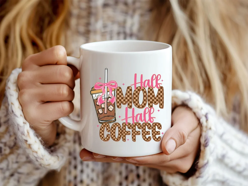 Coffee Lover Sublimation design on a white mug held by a woman