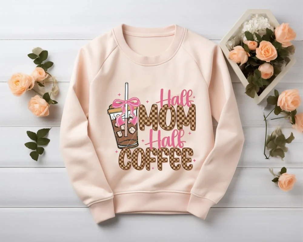 Coquette Bow PNG and checkered mama design on a blush pink sweatshirt