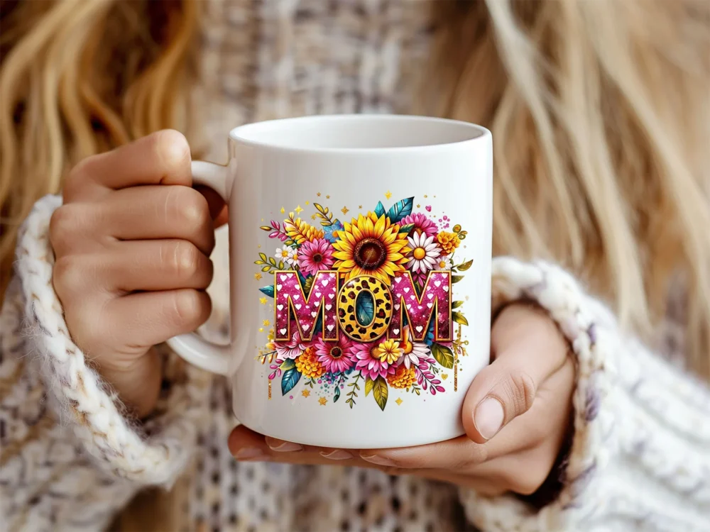 White coffee mug featuring a floral mama PNG sublimation design