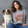 Girl with dog wearing a grey sweatshirt with Funny Mom PNG coffee design