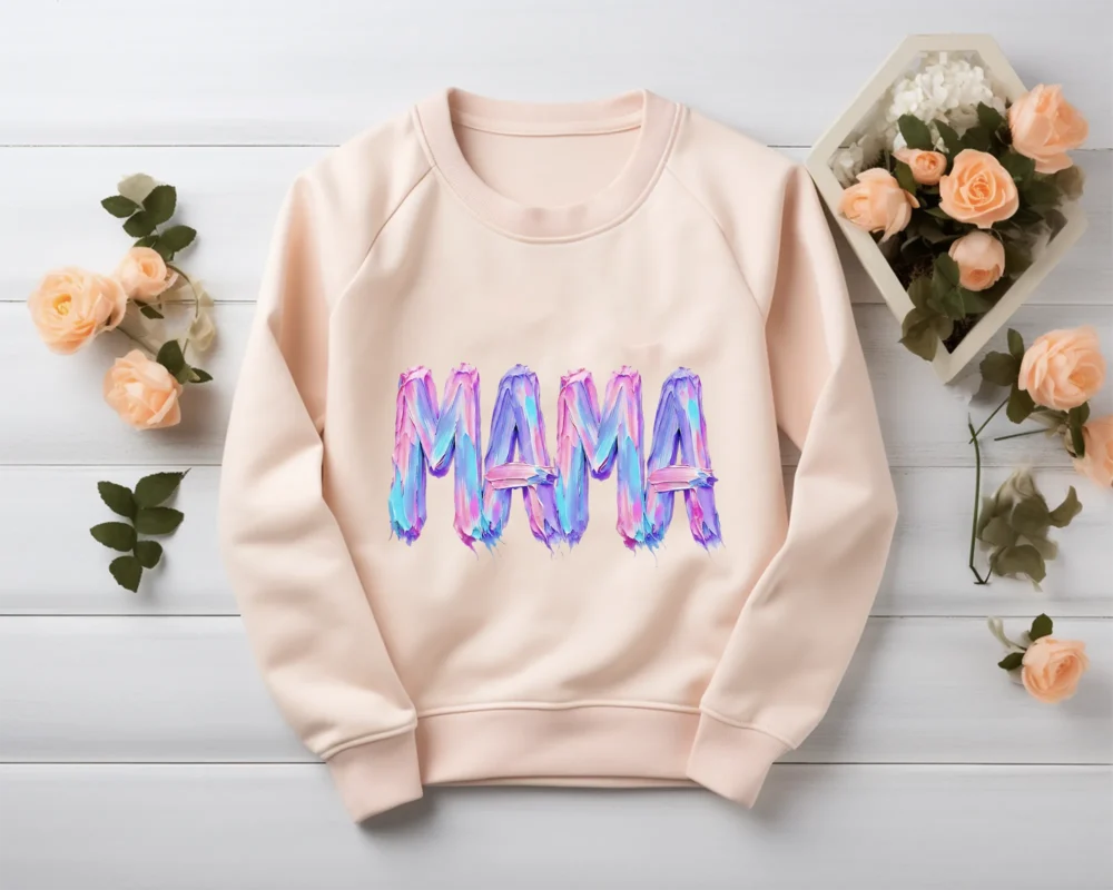 MAMA Hand Painted PNG printed on a blush sweatshirt
