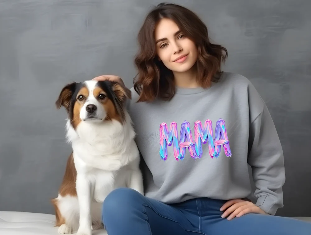 Girl and dog with a grey MAMA Hand Painted PNG hoodie
