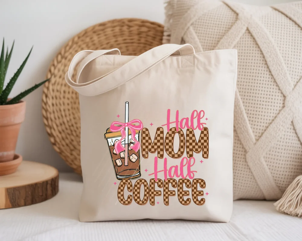 Mama Needs Coffee PNG sublimation design on a reusable canvas tote bag