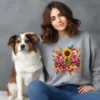 Woman with her dog wearing a grey sweatshirt with a mom life PNG floral design