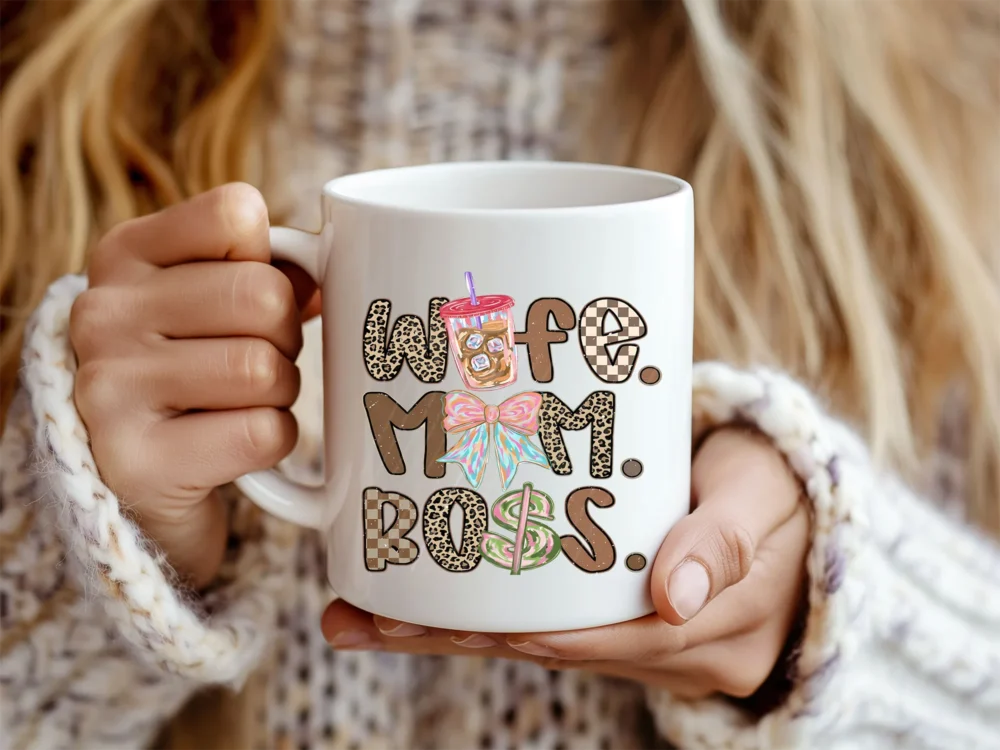 White coffee mug featuring the Mom Wife Boss PNG design