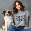 Girl and dog with a grey hoodie featuring a motherhood png design