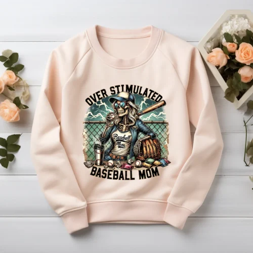Overstimulated mom PNG skeleton design on a blush color sweatshirt
