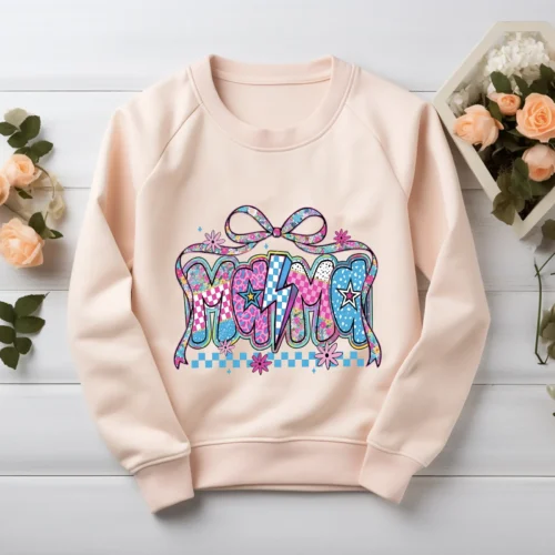 Preppy Pink Mama PNG design on a blush pink sweatshirt