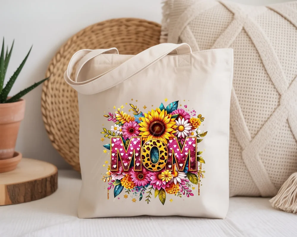 Canvas tote bag with a retro mama PNG floral and leopard print design