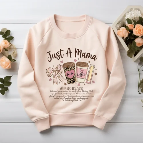 String Cheese Mama Era printed on a light blush sweatshirt