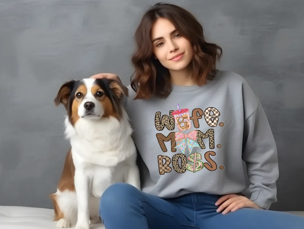 Girl and dog with a grey hoodie featuring a trendy mama png design