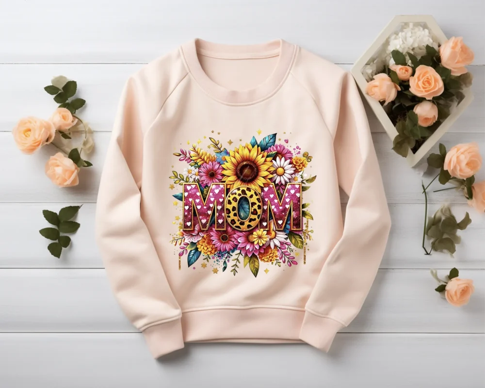 Blush pink sweatshirt displaying a watercolor mama PNG with pink glitter letters