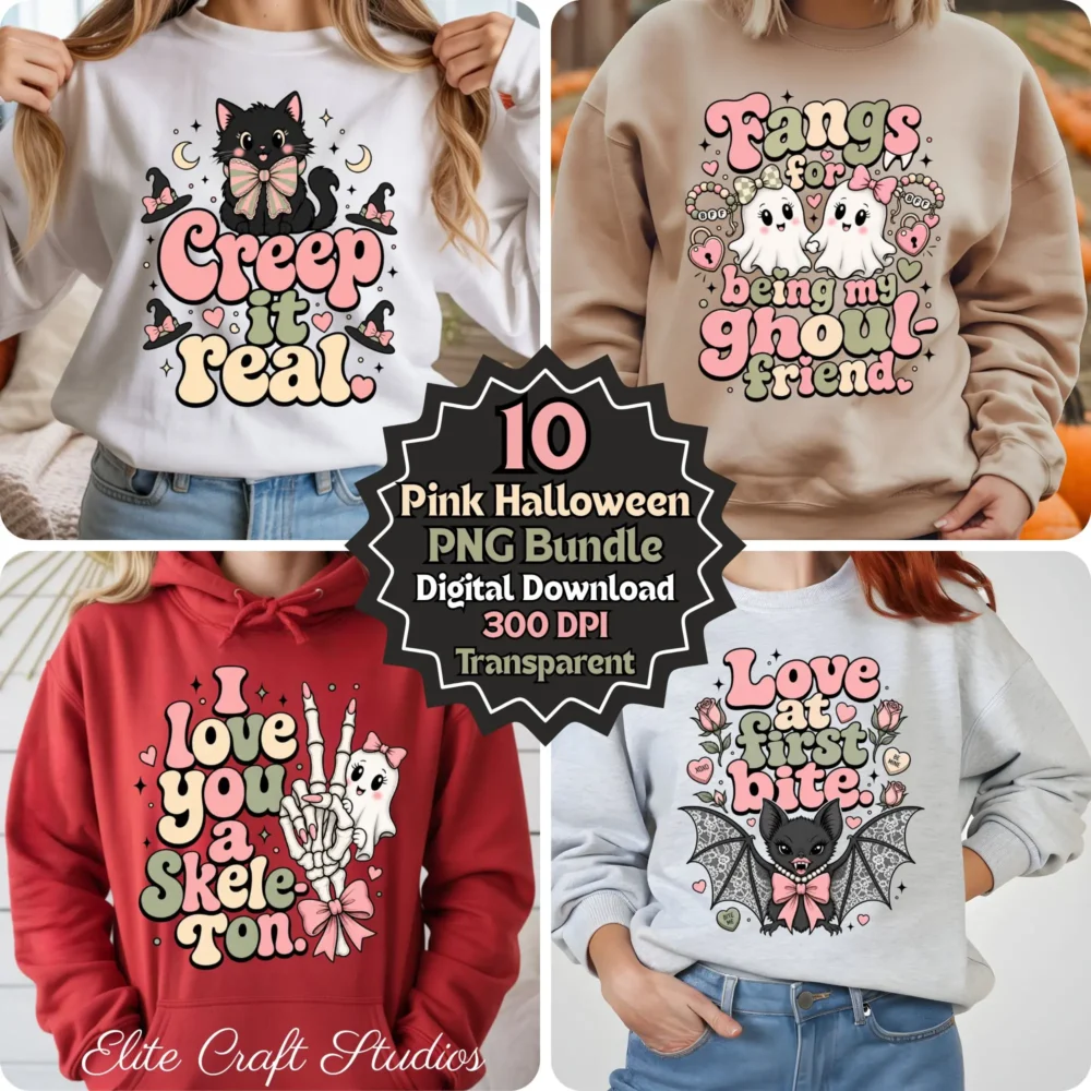 Main thumbnail showing a 4-way grid of retro coquette halloween sublimation PNG designs on sweaters including Creep it real black cat, Fangs for my ghoul-friend ghosts, Skele-ton peace sign, and Love at first bite bat. Badge reads 10 Pink Halloween PNG Bundle, 300 DPI, Transparent.
