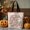 A canvas tote bag mock-up displaying a retro coquette halloween sublimation design that reads You're just too gourd to be true with pastel pumpkins, bows, and a cute ghost next to jack-o'-lanterns.