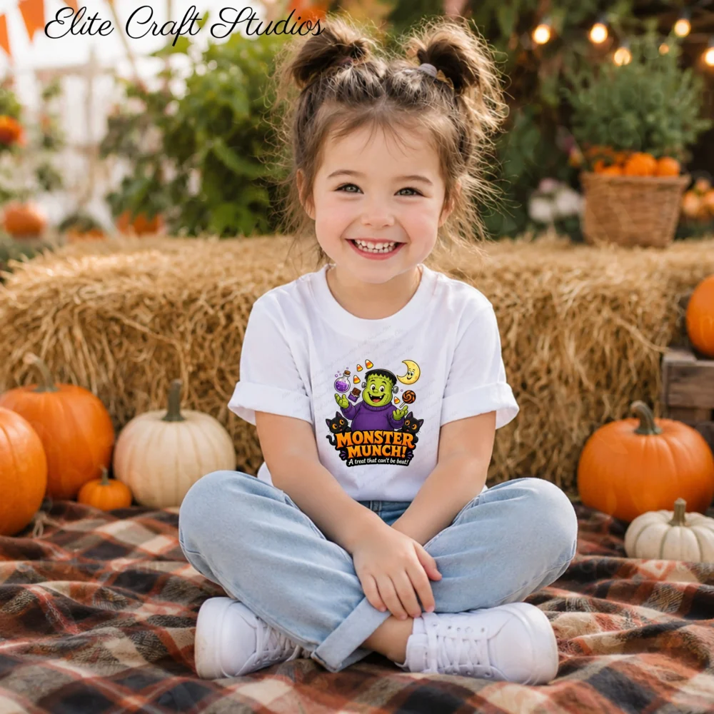 A smiling young girl with hair in pigtails sits cross-legged on a plaid blanket surrounded by pumpkins, wearing a white kids Halloween t-shirt featuring a cute green Frankenstein Monster Munch sublimation design.