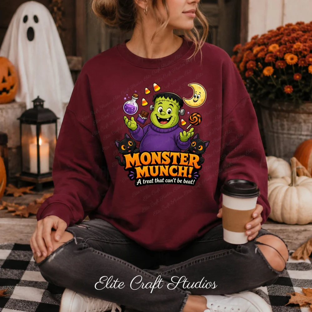 Close-up of a woman sitting outside holding a coffee cup, wearing a cozy maroon crewneck sweatshirt customized with a colorful spooky season digital Halloween sublimation PNG.