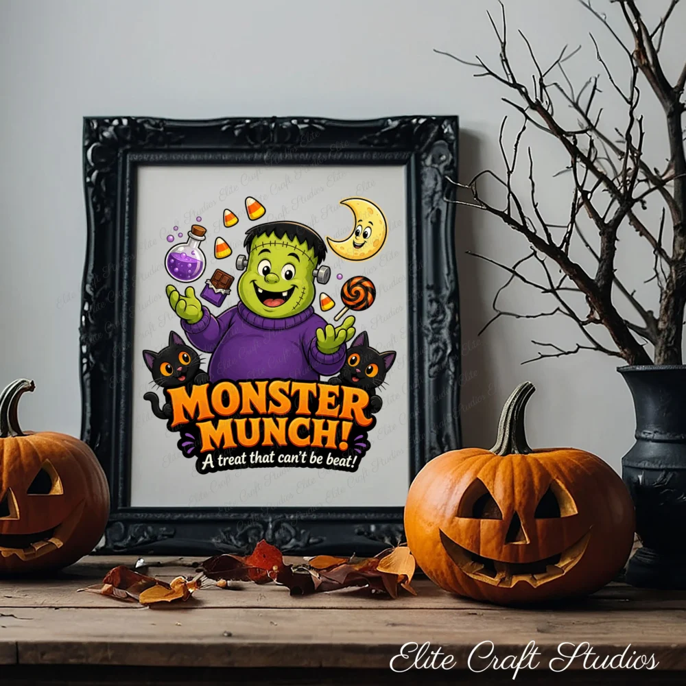 An ornate black picture frame sitting on a rustic wooden table displays a colorful Frankenstein Monster Munch Halloween poster, flanked by carved jack-o'-lantern pumpkins and autumn leaves.
