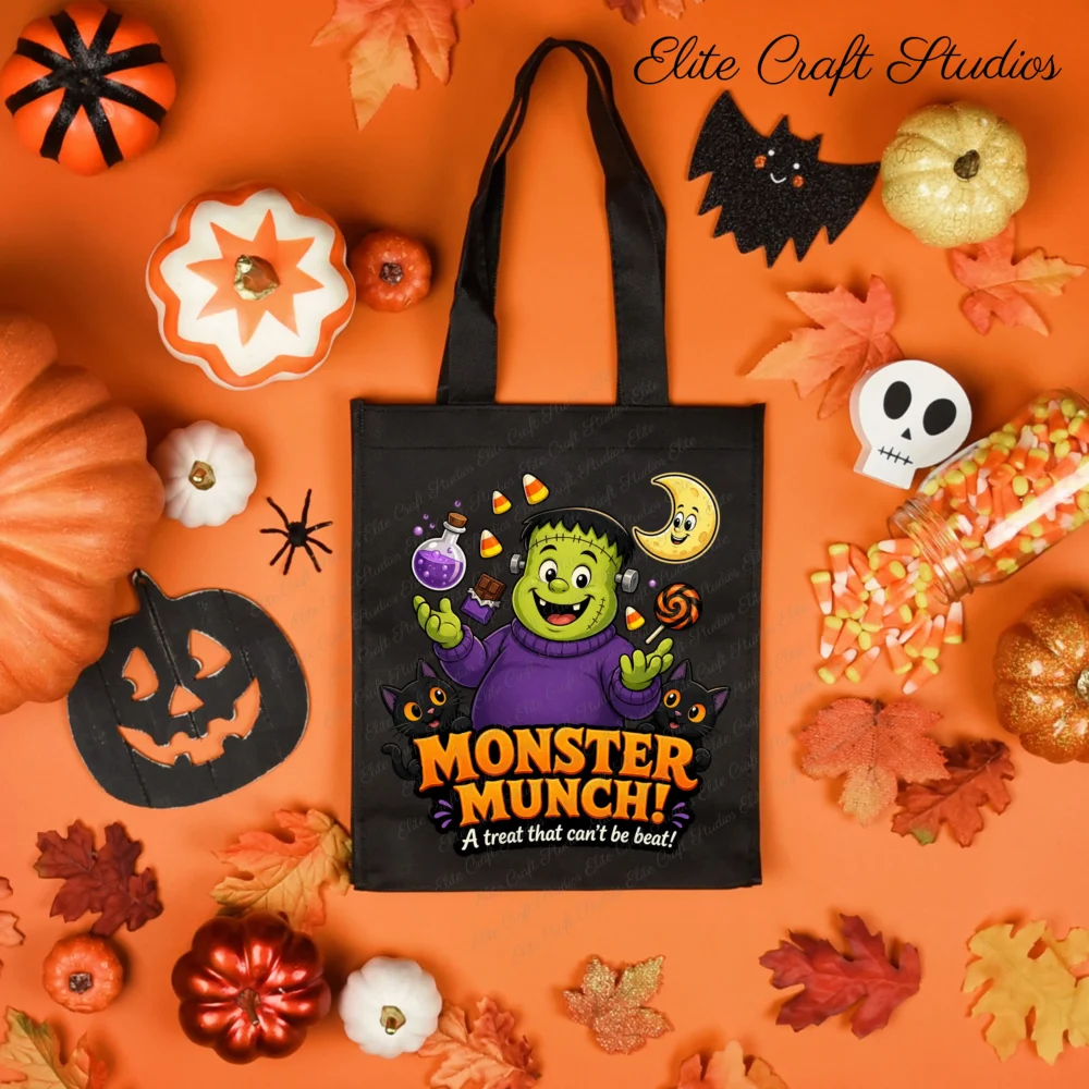 A festive flat lay view of a black Halloween trick-or-treat candy bag featuring a commercial use cute monster sublimation design, surrounded by candy corn, miniature pumpkins, and fall leaves on an orange background.