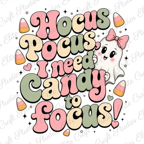 Retro Halloween PNG digital design with cute ghost PNG, candy corn, and colorful retro text reading "Hocus Pocus, I Need Candy to Focus!" on a transparent background.