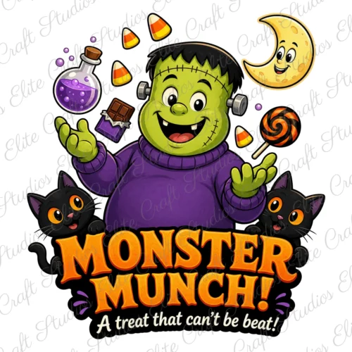 A professional high-resolution display of a cute monster Halloween sublimation design featuring an illustrated retro Frankenstein, candy corn, black cats, and text reading Monster Munch, protected by a diagonal watermark overlay.