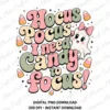 Retro Halloween PNG digital design with cute ghost PNG, candy corn, and colorful retro text reading "Hocus Pocus, I Need Candy to Focus!" on a transparent background.