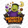 A professional high-resolution display of a cute monster Halloween sublimation design featuring an illustrated retro Frankenstein, candy corn, black cats, and text reading Monster Munch, protected by a diagonal watermark overlay.