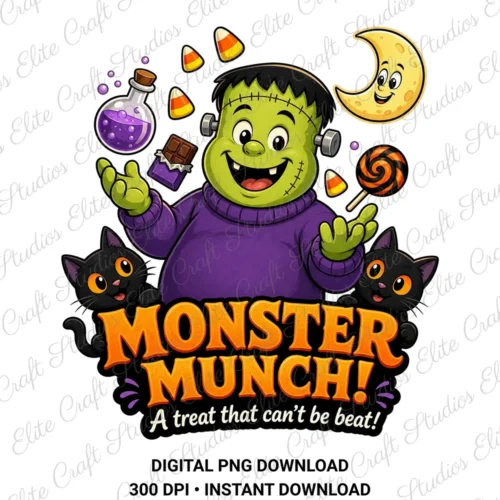 A professional high-resolution display of a cute monster Halloween sublimation design featuring an illustrated retro Frankenstein, candy corn, black cats, and text reading Monster Munch, protected by a diagonal watermark overlay.