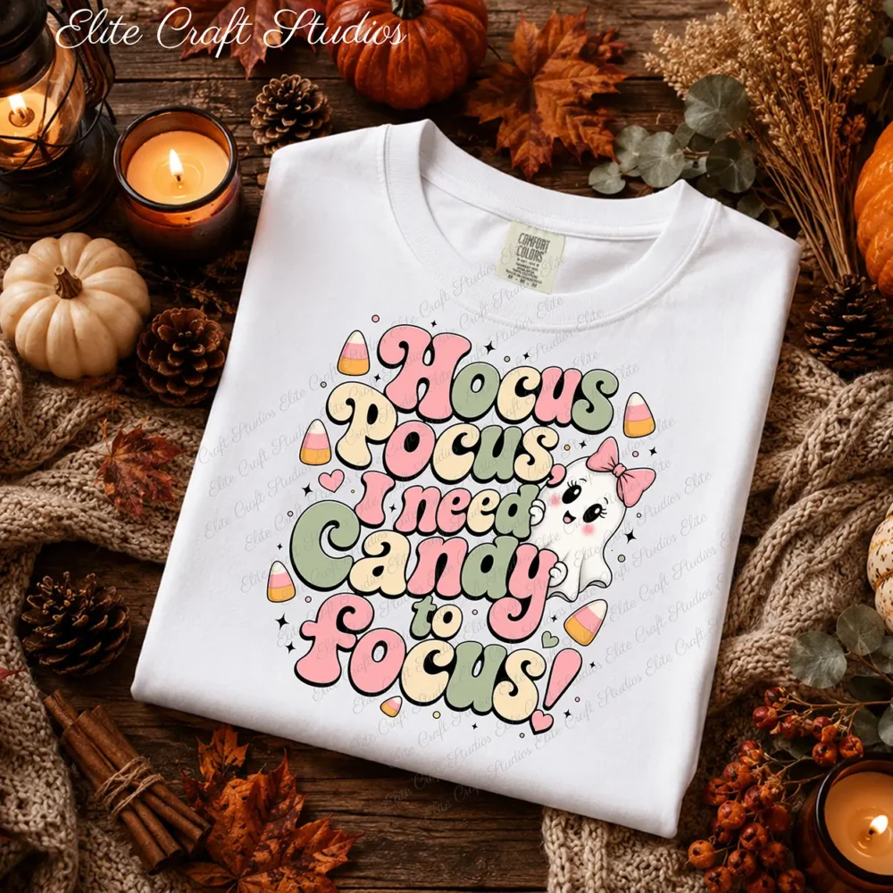 Flat lay white crewneck sweatshirt with Halloween sublimation design, surrounded by cozy knitted blankets, pinecones, autumn leaves, and glowing candles.