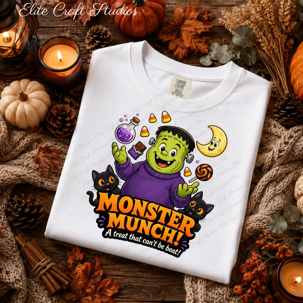 Cozy autumn flat lay mockup of a folded white Comfort Colors sweatshirt featuring a vibrant Halloween DTF graphic of a friendly monster, candy corn, and cute black cats on a dark wooden background with leaves and candles.