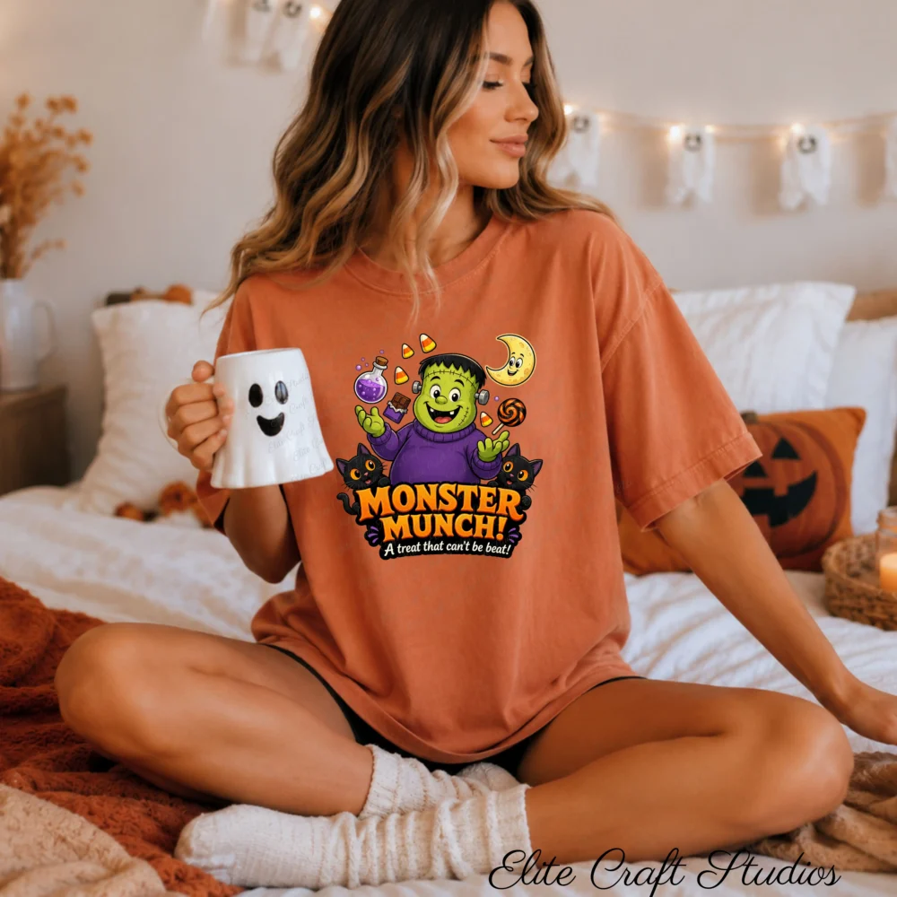 A woman sits cross-legged on a bed holding a white ghost coffee mug, wearing a terracotta orange oversized tee featuring a commercial use cute monster Halloween sublimation design.
