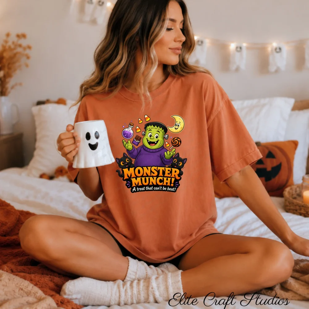 A woman sits cross-legged on a bed holding a white ghost coffee mug, wearing a terracotta orange oversized tee featuring a commercial use cute monster Halloween sublimation design.