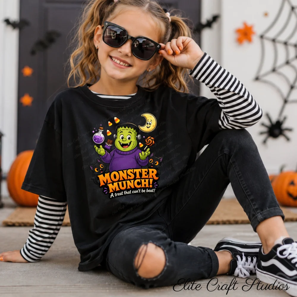 A trendy young girl wearing sunglasses and a layered long-sleeve striped shirt sits outdoors by Halloween decorations, showcasing a black graphic tee with a cute black cat and trick or treat monster PNG design.