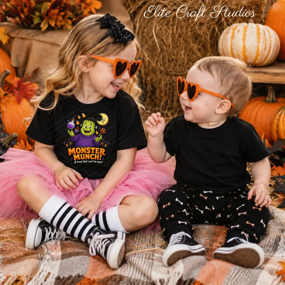 Two young siblings wearing matching heart-shaped sunglasses laugh together on a plaid blanket; the girl wears a black kids Halloween shirt with a retro Frankenstein candy digital design and a pink tutu.
