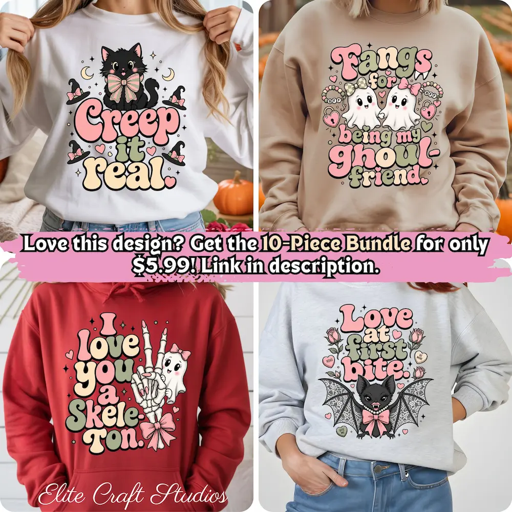 Main thumbnail showing a 4-way grid of retro coquette halloween sublimation PNG designs on sweaters including Creep it real black cat, Fangs for my ghoul-friend ghosts, Skele-ton peace sign, and Love at first bite bat. Badge reads 10 Pink Halloween PNG Bundle, 300 DPI, Transparent.