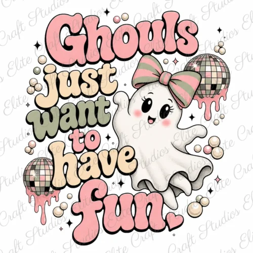 Ghouls Just Want to Have Fun PNG digital design featuring a retro pink coquette ghost and disco balls