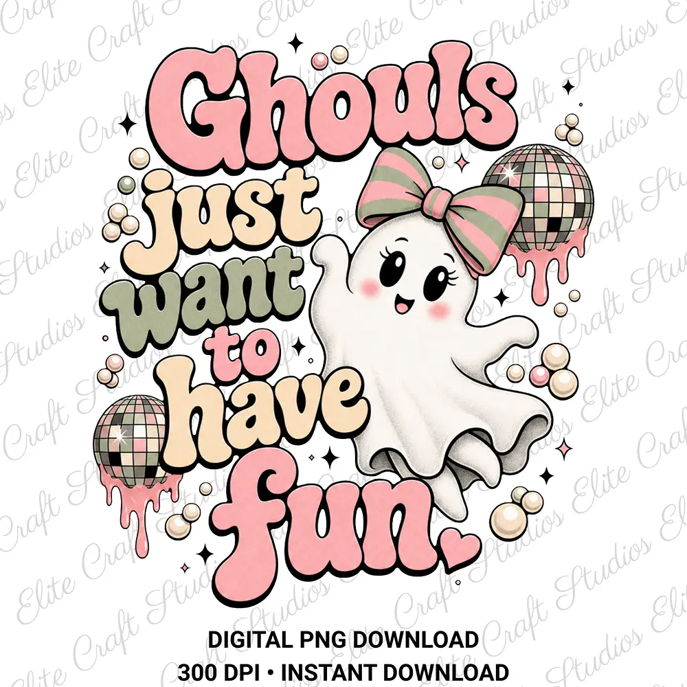 Ghouls Just Want to Have Fun PNG digital design featuring a retro pink coquette ghost and disco balls