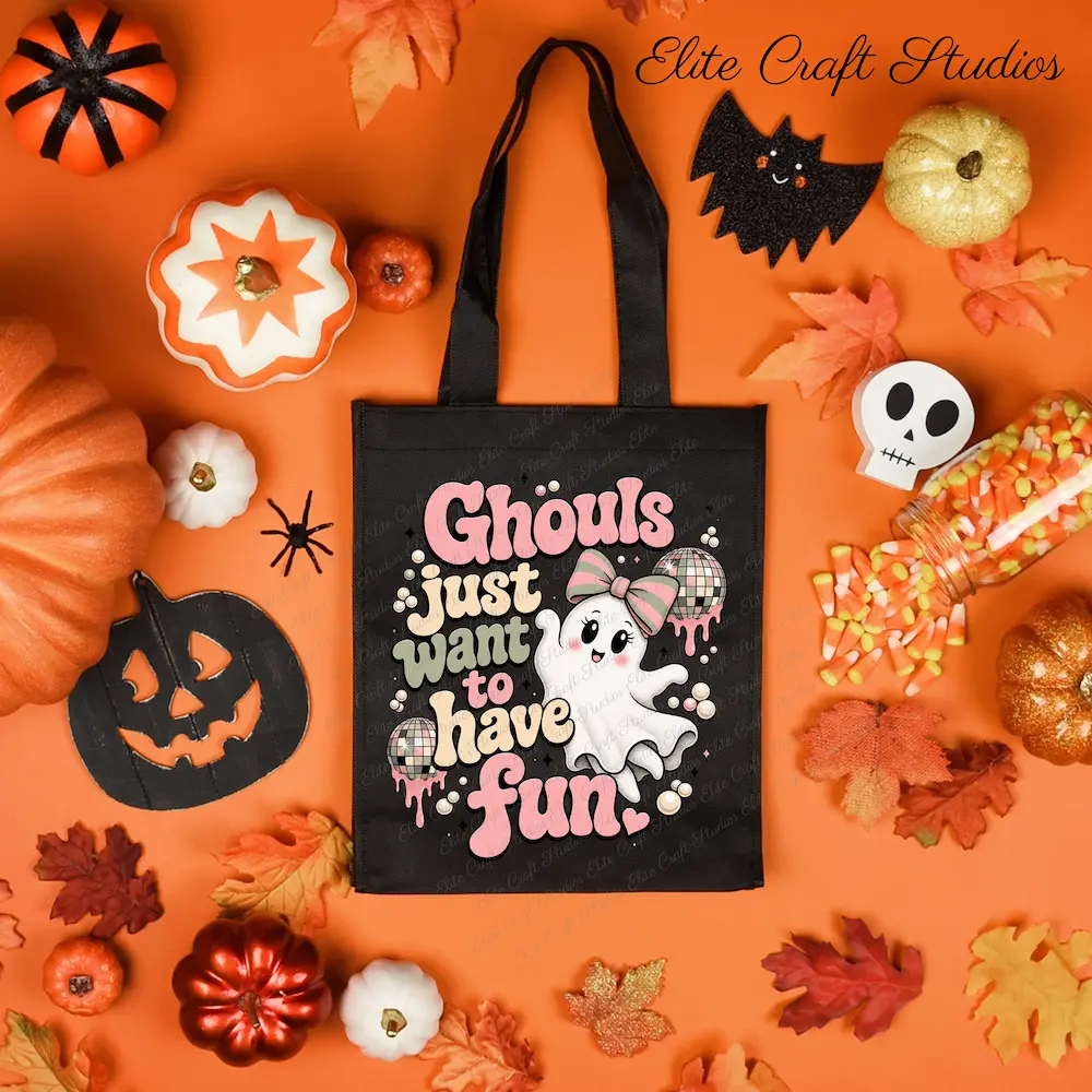 Black canvas trick-or-treat tote bag featuring the retro pink ghost graphic surrounded by festive Halloween decorations.