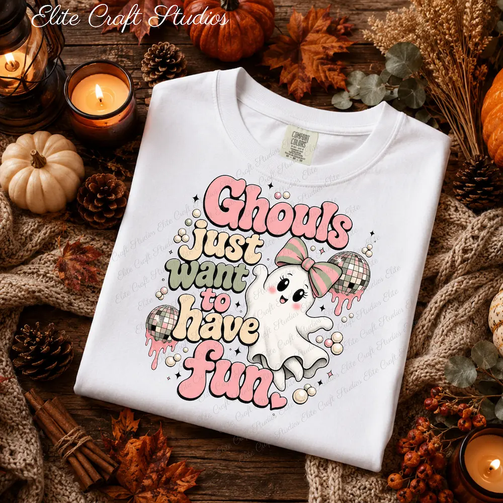 Retro Halloween PNG graphic Ghouls Just Want to Have Fun on a white folded t-shirt flat lay