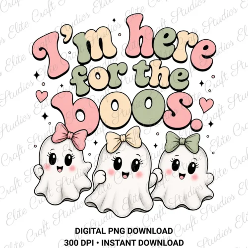 Digital graphic file preview of the "I'm Here for the Boos" coquette ghost PNG design, featuring pastel wavy text, stars, and three cute ghosts wearing pink, yellow, and green hair bows on a white background.