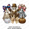 High-resolution 300 DPI transparent PNG design featuring a trio of steampunk, lace, and disco ball ghosts with celestial bows and pumpkins for digital download.