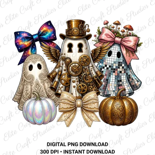 High-resolution 300 DPI transparent PNG design featuring a trio of steampunk, lace, and disco ball ghosts with celestial bows and pumpkins for digital download.