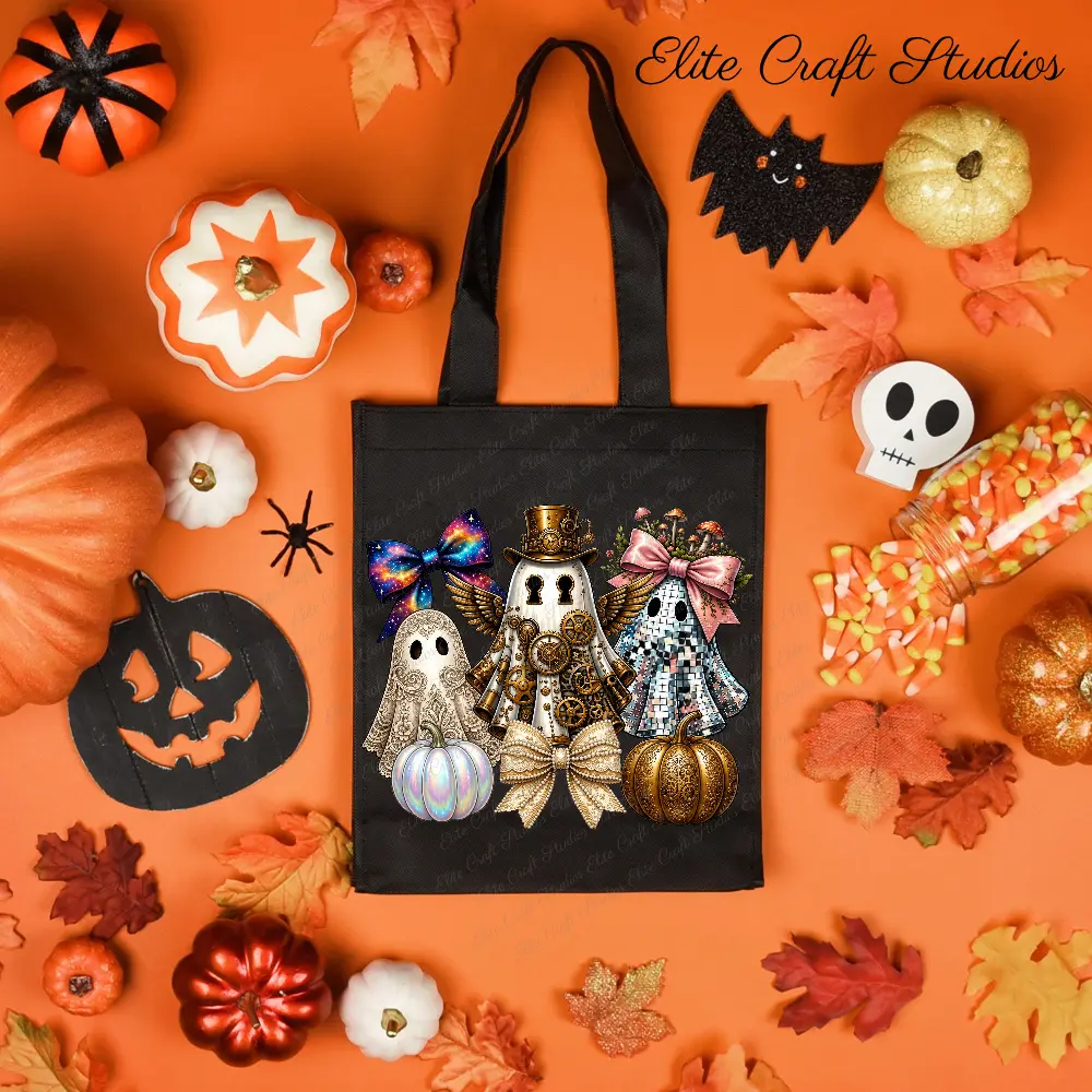 Black canvas tote bag mockup decorated with a steampunk ghost PNG sublimation graphic, surrounded by candy corn, bats, spiders, and autumn leaves on an orange background.