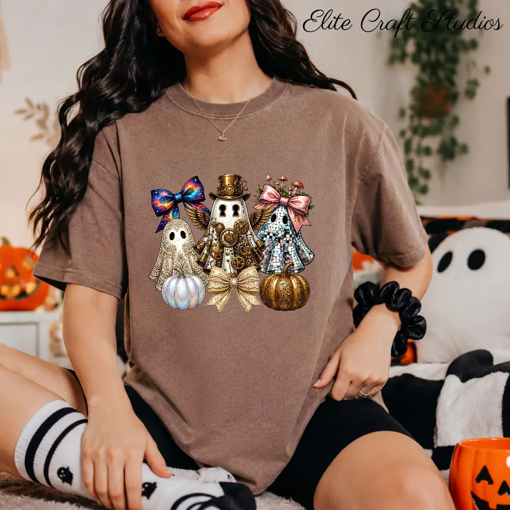 Woman wearing a brown acid wash t-shirt featuring a gothic steampunk ghost PNG clipart design with celestial bow and disco ball ghost accents.