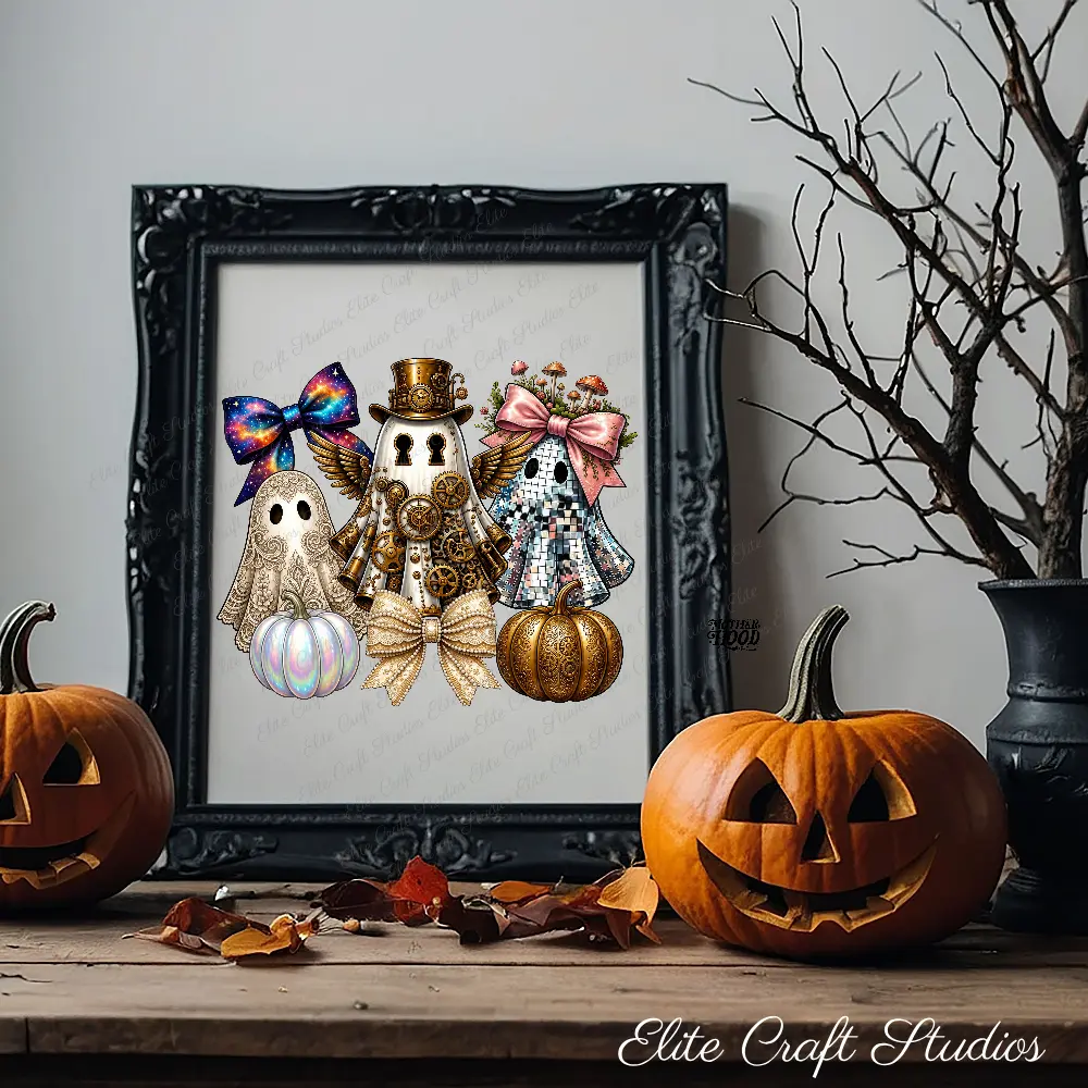 Black ornate picture frame displaying a printable steampunk ghost PNG art print sitting on a wooden mantle flanked by carved jack-o'-lanterns.