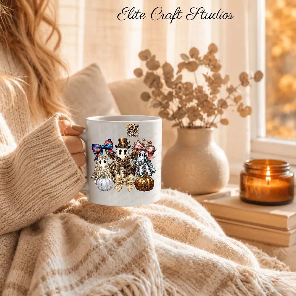 Woman wrapped in a cozy knit blanket holding a white ceramic coffee mug printed with a steampunk ghost PNG design near a sunlit window.