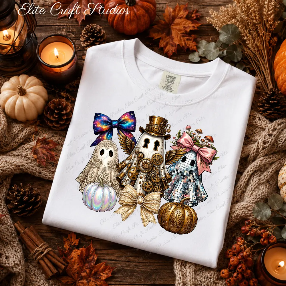 Folded white Comfort Colors sweatshirt mockup featuring a steampunk ghost PNG design with disco ball ghost, lace ghost, celestial bow, and pumpkins on a rustic autumn wood background.