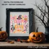 Creepy and Cute Halloween artwork displayed as a vertical wall print inside an ornate black frame flanked by carved jack-o'-lanterns.